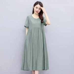 Women's breathable cotton linen short sleeved dress loose solid color dress - Picture 1 of 8