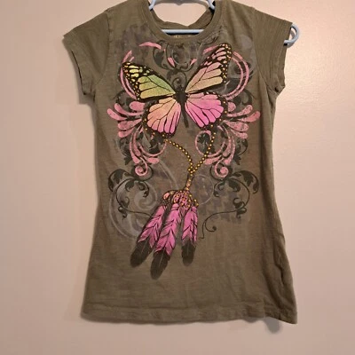 Mudd Girls Short Sleeve Shirt Green With Butterfly Design Size XL (16) - Image 1 of 4