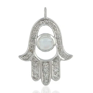 Hamsa Hand Charm 18K White Gold Natural Diamond Moonstone Pendant Jewelry - Picture 1 of 5