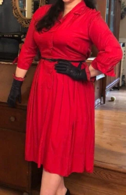 Vestido Camisa Vintage Años 50 Alfred Shaheen Honolulu Raro Rojo Sólido 100% Seda 30"w Foto 1 de 4