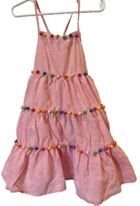 Tommy Bahama Girls Pom Pom Dress Sz.6 Tiered Lined Smock Red Striped Rainbow - Picture 1 of 6