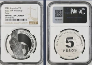 coin argentina fifa world cup 2022 qatar 5 pesos proof silver .925 NGC PF69 - Picture 1 of 1