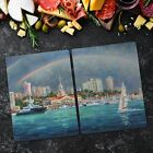 Tempered Glass Chopping Board Worktop Saver Painting Port Ships Rainbow 2X40x52