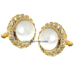 Fresh Water pearl & CZ Gemstones 925 sterling silver Gold Plated Cufflinks #239 - Picture 1 of 3
