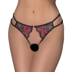 SENSUAL ADJUSTABLE LACE CROTCHLESS BRIEF, BLACK/RED - Picture 1 of 3