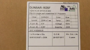 Dunbar-1635F Schrumpfschlauch 1/2" 1:2 Verhältnis Militärqualität blau 3ea Posten 200 Fuß EA - Bild 1 von 9