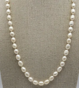 Fine Sterling Silver White Baroque Pearl Beaded Necklace Hand Knotted 20.5 Inch - Picture 1 of 7