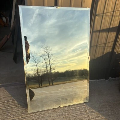 VTG Frameless Beveled Wall Mirror 24” X 16” Industrial Modern MCM Chrome Clips - Image 1 of 4