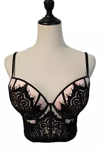Bras N Things Size 10DD Black Beige Lace Boned Longline Boudoir Underwired Bra - Picture 1 of 5