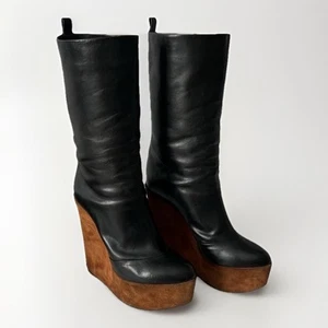 Celine Leather Wedge Boots – Wood Platform Sole Black Womens Size US 8.5 / 38.5 - Picture 1 of 15