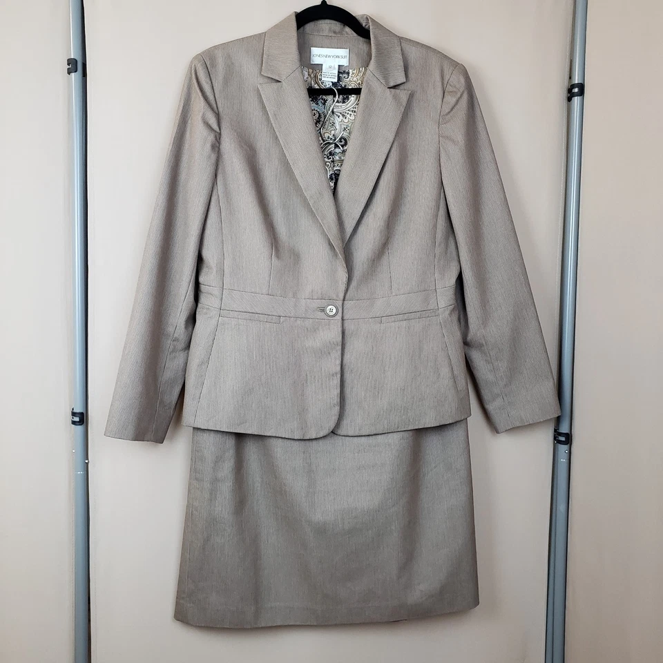 Jones New York Suit 12 A Line Skirt One Button Jacket Brown Cotton Blend Office  - Image 1 of 4