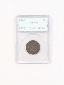 1864 Two Cent Piece 2C PCGS MS63 RB Vintage OGH Rattler Holder (Red Brown) - Picture 1 of 4