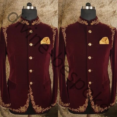 Trajes blazer pantalón esmoquin boda apliques dorados apliques vintage de terciopelo borgoña para hombre Foto 1 de 4