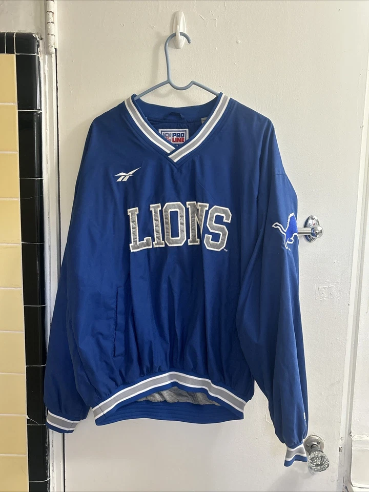 Vintage 90s Reebok Pro Line NFL Detroit Lions Jacket V-neck Pullover Blue Large - Image 1 of 4
