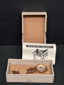 Natures Time Quartz Watch 34mm Round Gold Tone Wood Dial & Bezel - Picture 1 of 6
