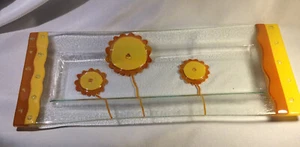 Eterno Fused Art Glass Handles Platter - Sunflowers - App. 16” x 6.5” - Picture 1 of 7