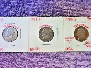 1981-P EXTRA FINE + / 1981-D EXTRA FINE / 1981-S HIGH END PROOF JEFFERSON NICKEL - Picture 1 of 6