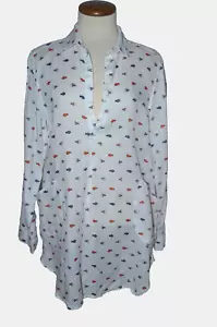 FORCYNTHIA beachwear M White Linen Fish Print Shirt Dress Cover Up Roll Sleeves - Picture 1 of 7