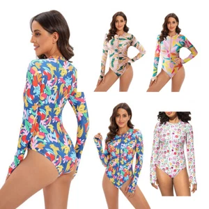 Womens Rash Guard Long Sleeve Zip Front Printed One Piece Swimsuit Swimwear - Picture 1 of 29