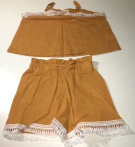 SHEIN KIDS GIRLS' 2PC BURNT YELLOW SLEEVELESS TOP & SHORTS W/ LACE TRIM 9Y NWT!! - Picture 1 of 5