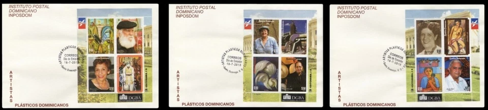 DOMINICAN ARTISTAS PLÁSTICOS, PAINTING,SCULPTURE, CARTOONIST SET of 3 FDC 2018 - Image 1 of 1