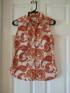 Rot weiß gelb orange Paisley ärmellos Kragen Knopfleiste Bluse Größe 4 - Bild 1 von 4