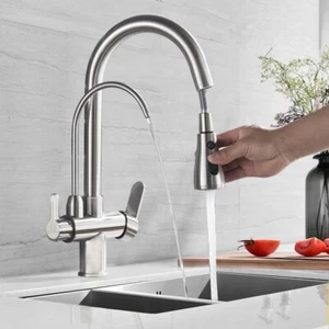 Kitchen Sink Faucet Pull Down Sprayer 2 Handle 3 in 1 Water Filter Purifier Tap - Picture 1 of 10