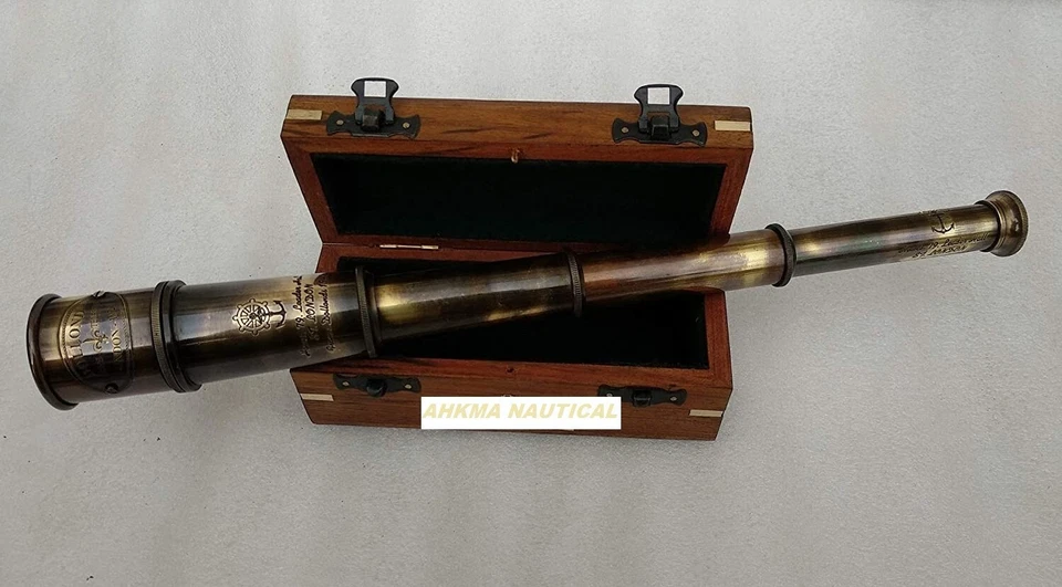 14" Antique Brass Spyglass Telescope w/ Wood Box - Image 1 of 1