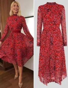 Whistles Red Jungle Cat Animal Leopard Print Pleated Midi Dress UK 8 / EU 36 - Bild 1 von 20