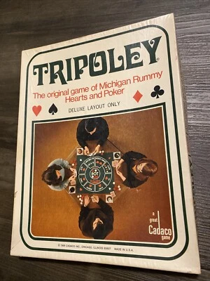 Vintage Tripoley Game Michigan Rummy Hearts Poker Cadaco 1969 Mat And Box Only - Image 1 of 4