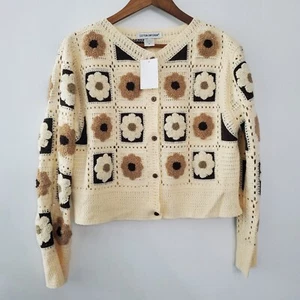 Cotton Emporium Womens Ivory Floral Crochet Granny Square Cardigan Size M Boho - Picture 1 of 9