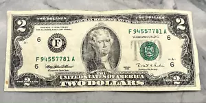 $2 Dollar Bill - Reserve Note 1995 RARE Series F - Serial Number F94557781 A - Picture 1 of 2