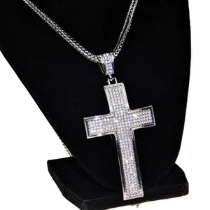 Big Cross Necklace Silver Tone Simulated CZ Hip Hop Pendant Franco Chain 36" - Picture 1 of 11
