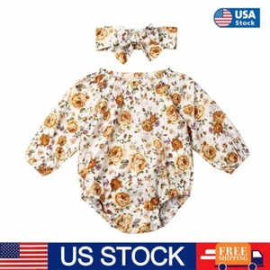 Newborn Infant Baby Girls Floral Romper Dress Cotton Jumpsuit Headband Clothes - Picture 1 of 8