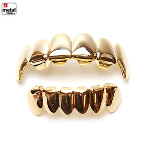 Juego de parrillas de vampiro hip hop chapadas en oro de 14 quilates para hombre superior e inferior lisas L020/S001 G - Imagen 1 de 5