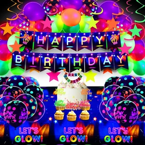 Neon Party Decorations Glow in the Dark Birthday Supplies Set Neon Balloons Fluo - Picture 1 of 12