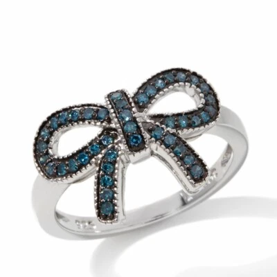 1/4ct Blue Diamond Bow Ring in Sterling Silver Womens Stackable Ring Size 10 HSN - Image 1 of 4