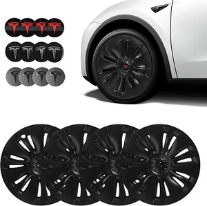 BASENOR Tesla Model Y Hubcaps 19 Inch Wheel Cover Hub Caps Matt Black F207 - Picture 1 of 9