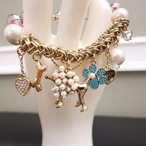 Betsey Johnson bracelet poodle charm faux pearls paw bone hearts signed - Picture 1 of 7