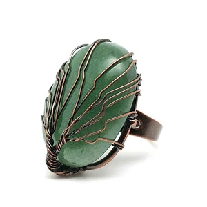 Green Aventurine Ring Large Wire Wrapped Oval Gemstone Antique Copper Adjustable - Picture 1 of 12