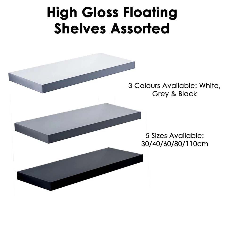 Modern HIGH GLOSS Shelf Floating Wall Shelves White Black Grey Bookcase Display - Image 1 of 1