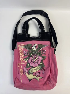 Ed Hardy Tote Bag Canvas Purse Hot Pink & Black Crossbody w/ Double Handles - Image 1 of 4