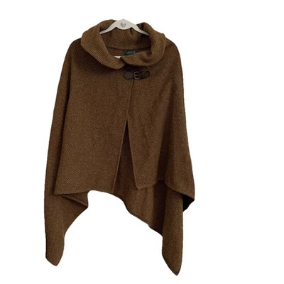 Lauren Ralph Lauren Sweater Cape Poncho Wrap Brown Lambswool Houndstooth OS - Image 1 of 4
