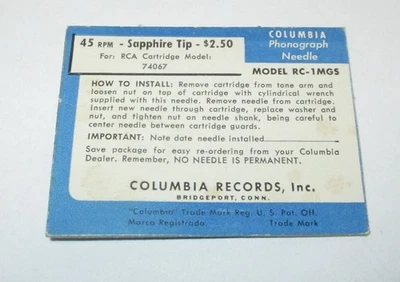 Aguja de zafiro Columbia RC-1MGS 45 RPM para cartucho RCA 74067 Foto 1 de 3