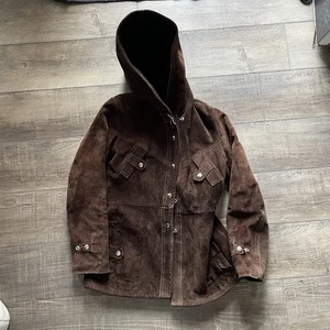 Vintage dark brown suede plush faux fur lined coat, size M or L - Picture 1 of 2