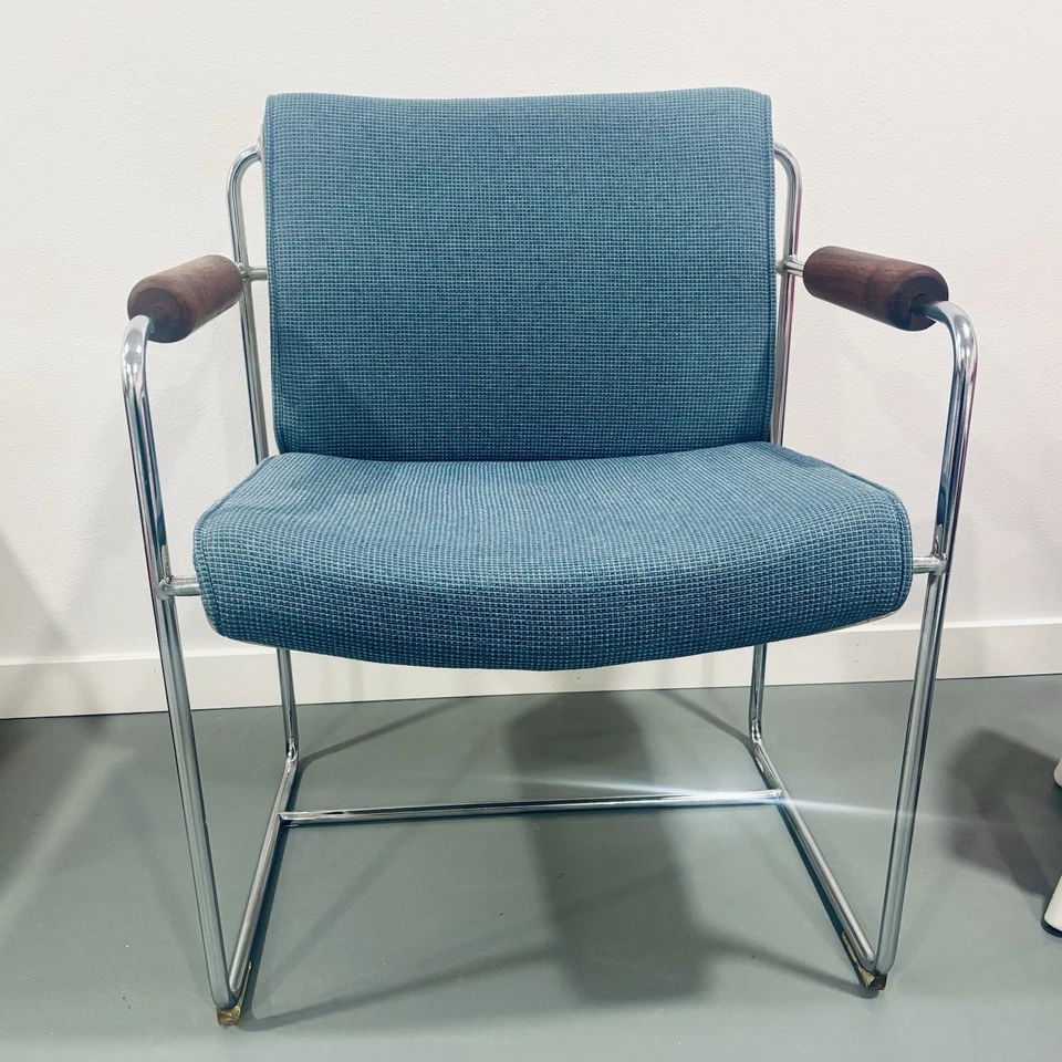 Silla de oficina/invitado vintage rara años 60 azul lana tweed cromo nogal reposabrazos MCM Foto 1 de 4