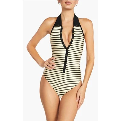 Robin Piccone One Piece Swimsuit Womens Parker Stripped Color Ecru/Black Size 12 - Image 1 of 4