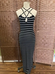 Vtg 90s/Y2K UP FRONT Striped Dress USA Made Stretch Whimsigoth Sz M Side Slit - Picture 1 of 12
