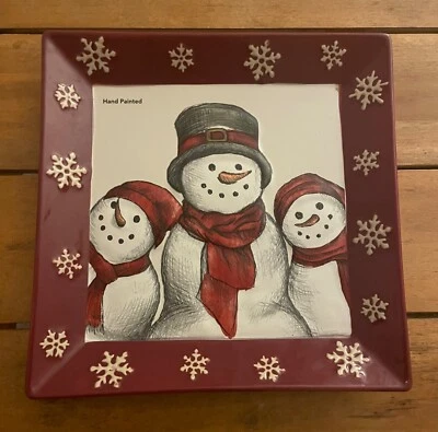 ST NICHOLAS SQUARE SNOWMAN FAMILY SQUARE SERVING PLATTER DECORATIVE PLATE! - Image 1 of 3