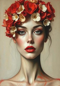 XL Leinwandbilder Weibliche Frauen Rote Blumen Flora 05 Modern Portrait Fine Art - Bild 1 von 3